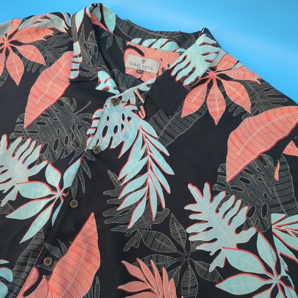 Oak Hill DXL 4XL Hawaiian Shirt 100% Rayon Tropical Leaf Black Pink Short Sleeve